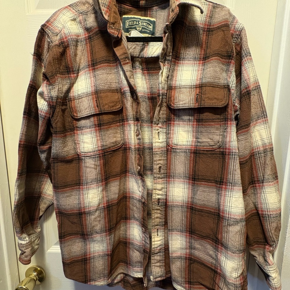 Field & Stream Mens Flannel Shirt Plaid Button Up Brown Tan Size L‎